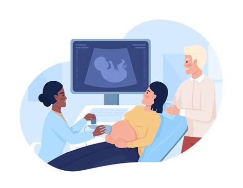 Couple at baby ultrasound scan 2D vector isolated illustration. Prenatal care flat characters on ...