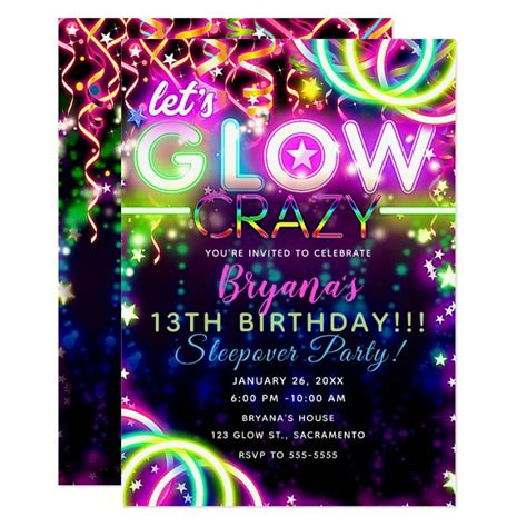 Let's GLOW Crazy Neon Colorful Birthday Party Invitation | Zazzle.com