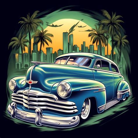 an old blue car parked in front of a cityscape with palm trees and tall buildings