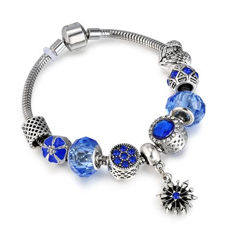 Antique Silver Charm pandora Bracelets for women With Exquisite Pendant blue crystal Bracelets ...