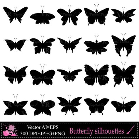 Butterfly Silhouette Clip Art, Butterfly Clipart, Black Silhouettes Clipart, Butterflies Clipart ...