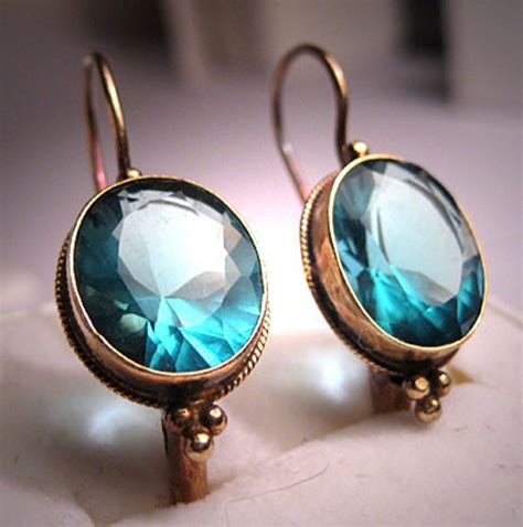 Vintage Blue Topaz Earrings Antique Victorian Gold Set