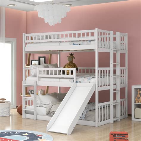 Triple Bunk Bed with Slide, Full Over Full Over Full 3 Bunk Beds, Wood ...