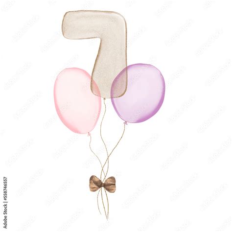 7 gold Birthday ballon with pink baloons. Number seven glitter gold ...