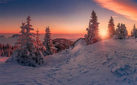 Winter, sunset, mountain landscape, snow, forest, winter background, HD wallpaper | Peakpx