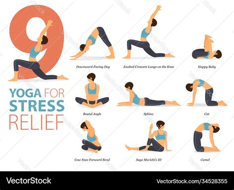 9 yoga poses for stress relief concept Royalty Free Vector