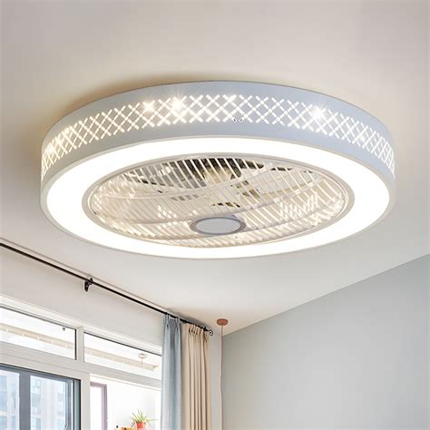 Circular Metallic LED Semi Flush Mount Modernist Bedroom Ceiling Fan Lighting in White, 21.5 ...