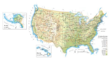 Large elevation map of the United States with roads, railroads, major cities and airports | USA ...