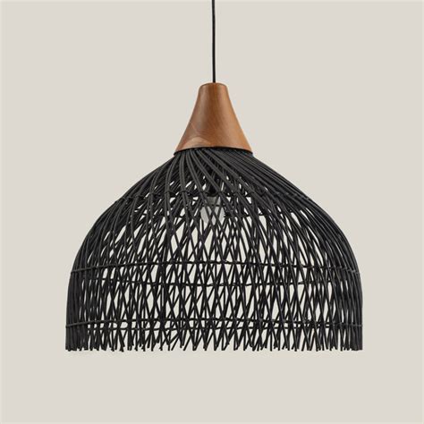 Black rattan and teak wood lamp (Large) – Bali Harbor