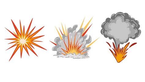 Explosion set. Cartoon dynamite or bomb explosion, fire. Boom clouds and smoke element ...