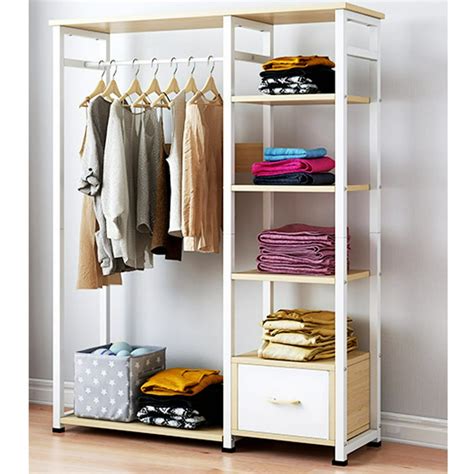 Freestanding Clothes Garment Organizer Closet Metal Garment Rack with Wood Shelves Open Wardrobe ...