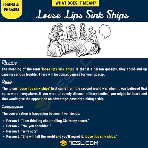 "Loose Lips Sink Ships" Meaning | Do You Know What This Idiom Means? • 7ESL | Idioms and phrases ...