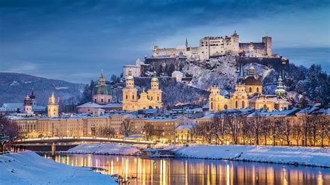 architecture, Castle, Ancient, Tower, Austria, Salzburg, Winter, Snow, River, Trees, Hills ...