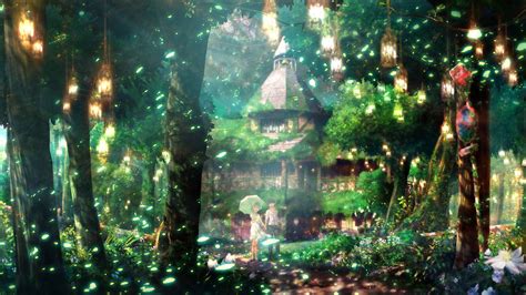 Download Anime Couple In The Forest Green Anime Aesthetic Wallpaper | Wallpapers.com