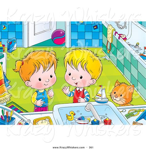 Critter Clipart of a Cute Orange Cat Watching a Boy and Girl Playing with Toys in a Bathroom ...