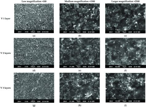 SEM characterization of 1, 2 and 3 layers of paint V at different ...