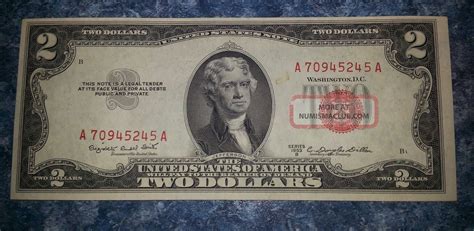 U. S. Two Dollar Bill Series 1953 Red Seal Uncirculated$2 Note Paper Money