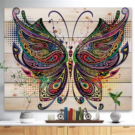 DESIGN ART Designart 'Variegated Butterfly' Abstract Print on Natural Pine Wood - Multi-color ...