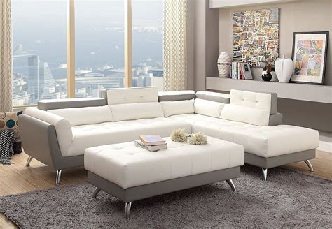 Modern White and Light Grey Bonded Leather Sectional Sofa Set with Extra Large Ottoman and ...