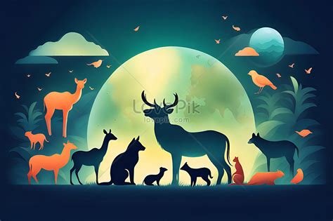 Wild Animals In The Forest At Night With Full Moon Picture And HD Photos | Free Download On Lovepik