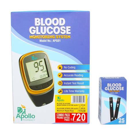 Apollo Pharmacy Blood Glucose Monitoring System APG01 with 25 Test Strips, 1 kit Price, Uses ...