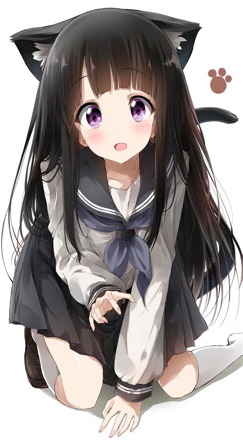 JK, long hair, cat girl, dark hair, kneeling, RailgunKy, Hyouka, Chitanda Eru, anime, anime ...