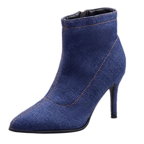 Blue Denim Boots for Women High heels Lady's Boots Ankle Zippe Solid Color Pointed Toe Thick ...