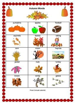 Autumn Vocabulary List of 15 Words with Pictures by Proven Computer Lessons