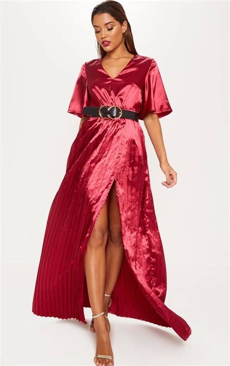 Maroon Satin Flared Sleeve Maxi Dress | PrettyLittleThing CA