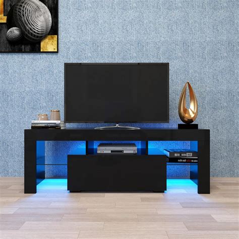 Black TV Stand with LED RGB Lights, Flat Screen TV Cabinet, Gaming ...