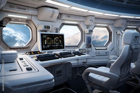 ภาพประกอบสต็อก Design the interior of the International Space Station with sleek, white, and ...