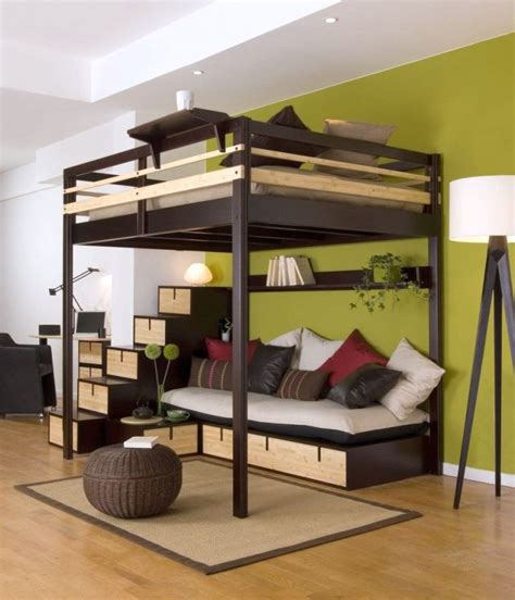 adult loft bed with stairs in dark woods