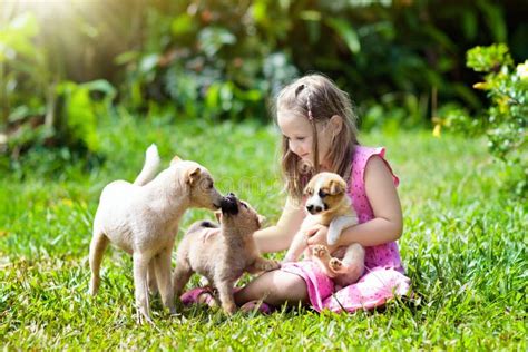 Kids in a Garden with Blooming Cherry Trees Stock Image - Image of girl ...