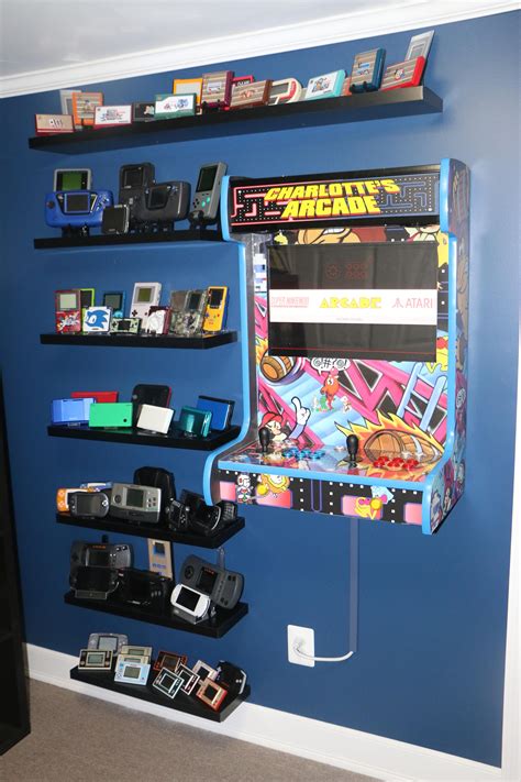 Retro Gaming Wall - Handheld Collection Shelves and wall-mounted Arcade Cabinet, via Reddit user ...