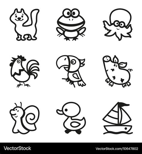 Easy coloring drawings of animals icon set Vector Image