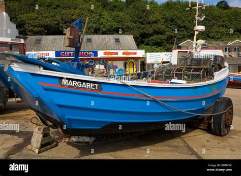 Fishing boat boats on The Coble Landing in summer Filey North Yorkshire ...