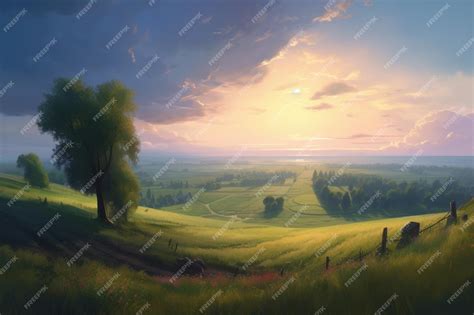 Premium AI Image | A painting of a field with a sunset in the background