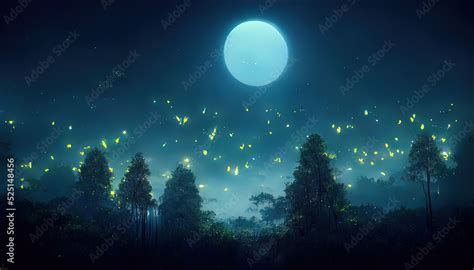 Fireflies, night forest landscape. Digital painting, 4k, high quality. Insects in forest at ...