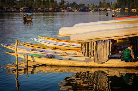 Premium Photo | Dal lake at sunset time. shikara boats on the water at ...