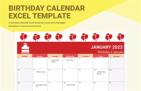 Birthday Calendar Excel Template - Download in Excel, Google Sheets | Template.net