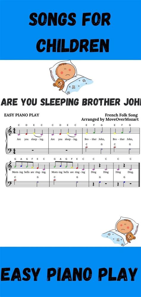 Are You Sleeping (Brother John) easy printable colorful piano sheet music - with note names ...