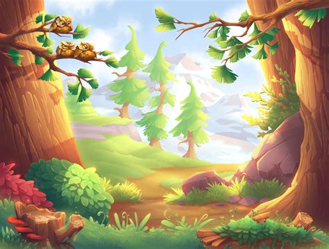 Forest landscape with the mountain range, 2D casual game art | Game background art, Cartoon ...