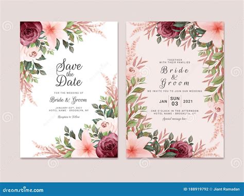 Foliage Wedding Invitation Template Set with Burgundy and Brown Watercolor Floral Border ...