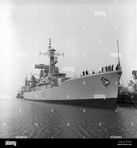 The British frigate HMS Andromeda (F 57, 1968) from the Leander Class visiting the port of Den ...