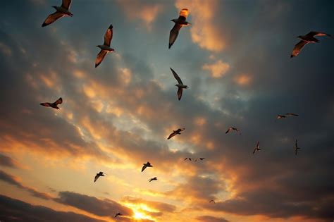 Premium Photo | Seagulls flying in formation against a sunset sky