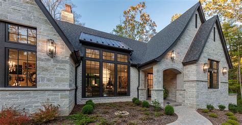 Country luxury modern dream home natural stone veneer portico entrance | Stone exterior houses ...