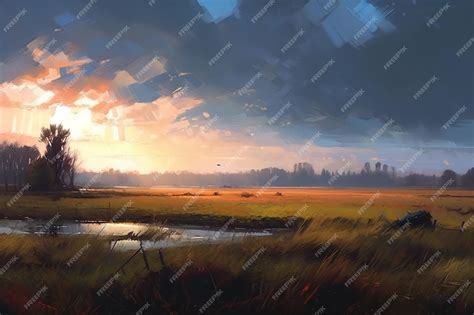 Premium AI Image | A painting of a field with a sunset in the background.