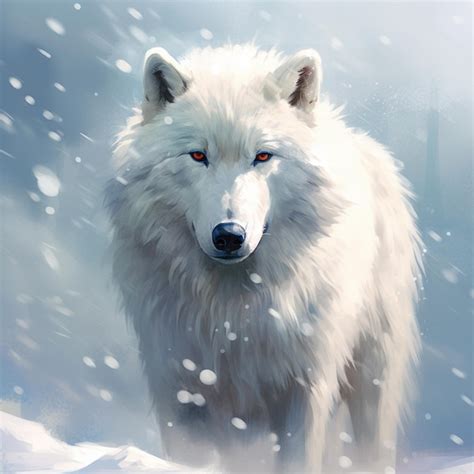 Premium AI Image | A white wolf with red eyes stands in the snow.