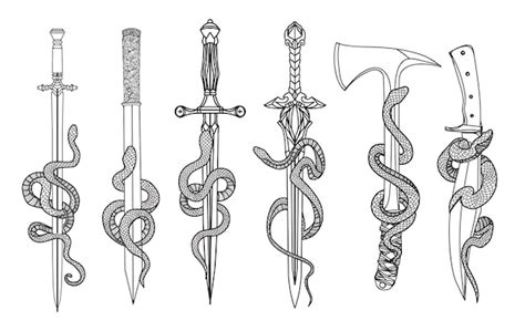 Premium Vector | Tattoo art snak knife and sword drawing and sketch black and white