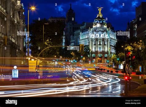 Traffic lights on Gran via street at night Stock Photo - Alamy